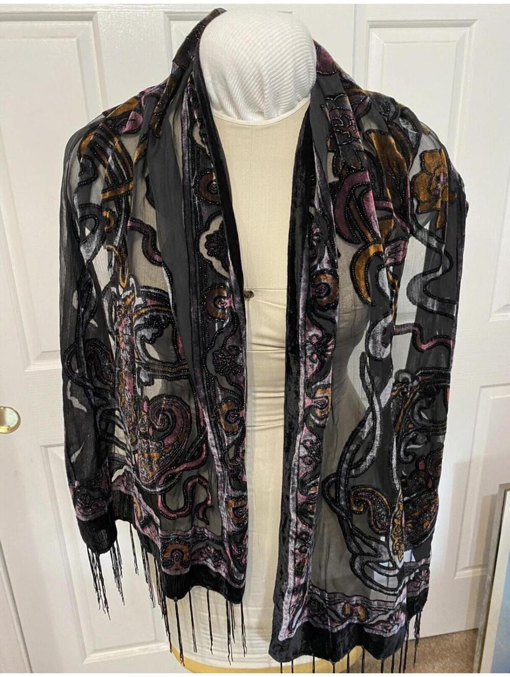 Velvet Burnout Floral Shawl Scarf Black Copper Fringe Wrap